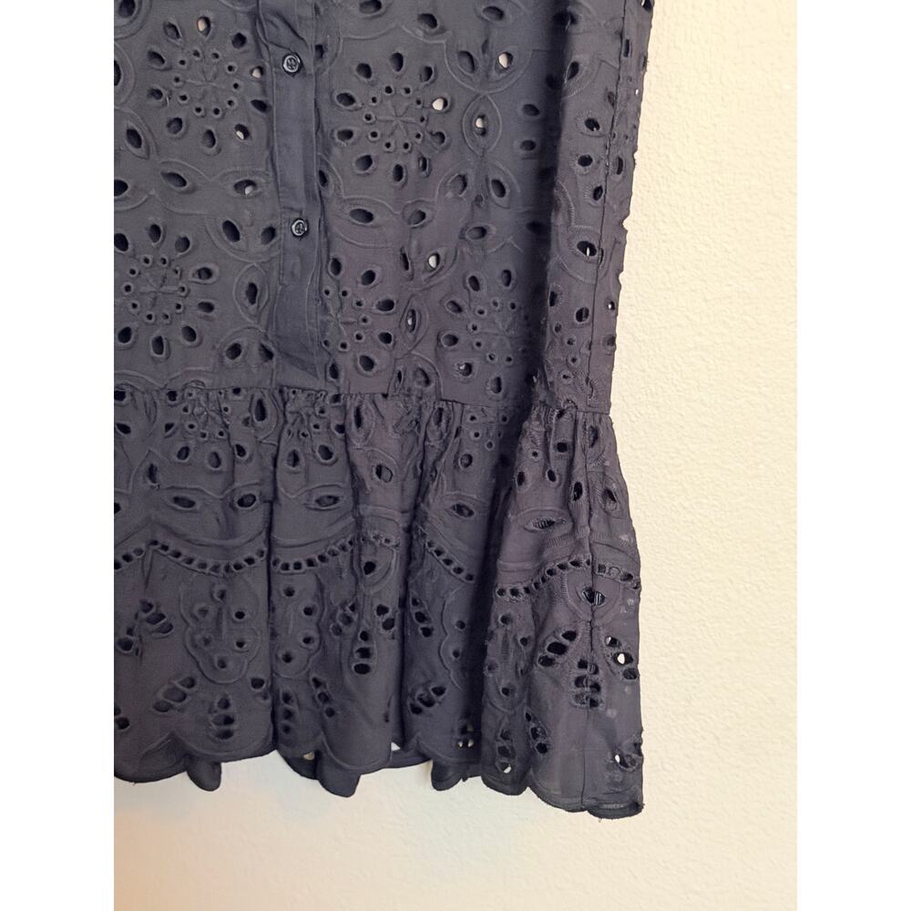 H&M Button Front Ruffle Hem Eyelet Lace Cap Sleeve Mini Dress Black XS - Picture 4 of 12